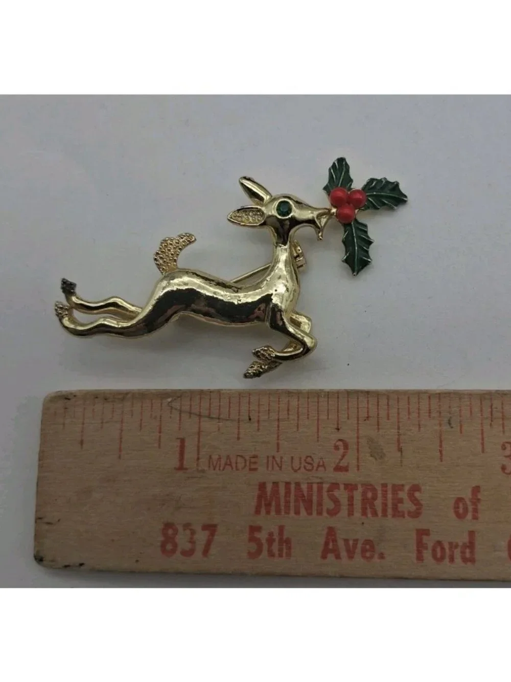 Vtg Reindeer Holly Brooch Pin Enamel Goldtone Jumping Rhinestone Christmas Gerry